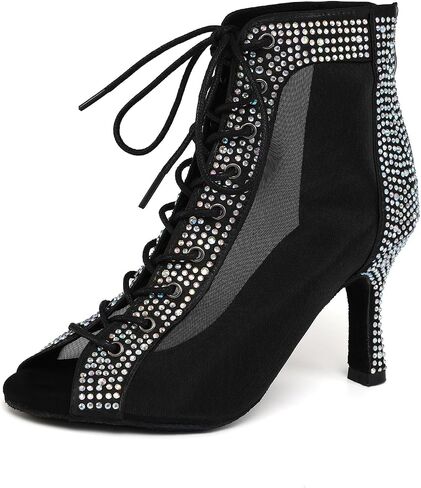 SWDZM Womens Rhinestones Ballroom Dance Booties Open Toe Lace up Ankle Latin Salsa Professional Dancing Heels Boots in Kuwait