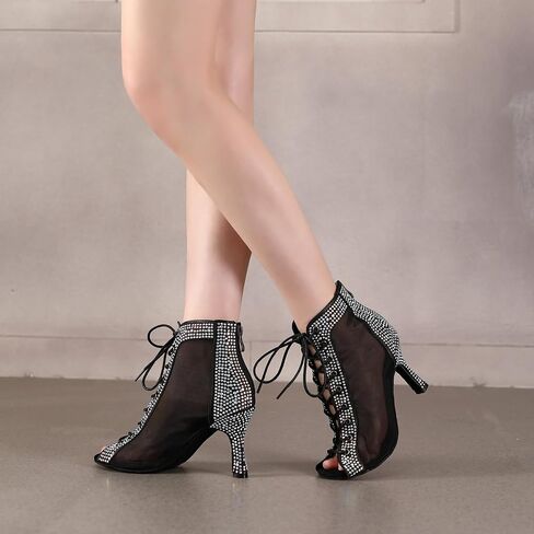 SWDZM Womens Rhinestones Ballroom Dance Booties Open Toe Lace up Ankle Latin Salsa Professional Dancing Heels Boots in Kuwait