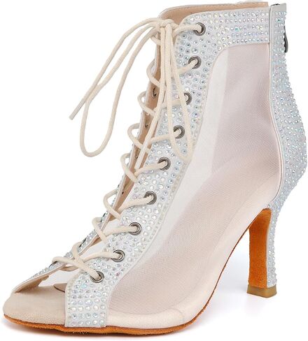 SWDZM Womens Rhinestones Ballroom Dance Booties Open Toe Lace up Ankle Latin Salsa Professional Dancing Heels Boots in Kuwait