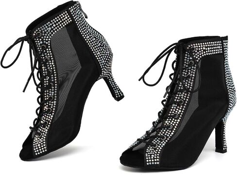 SWDZM Womens Rhinestones Ballroom Dance Booties Open Toe Lace up Ankle Latin Salsa Professional Dancing Heels Boots in Kuwait