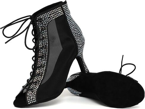 SWDZM Womens Rhinestones Ballroom Dance Booties Open Toe Lace up Ankle Latin Salsa Professional Dancing Heels Boots in Kuwait