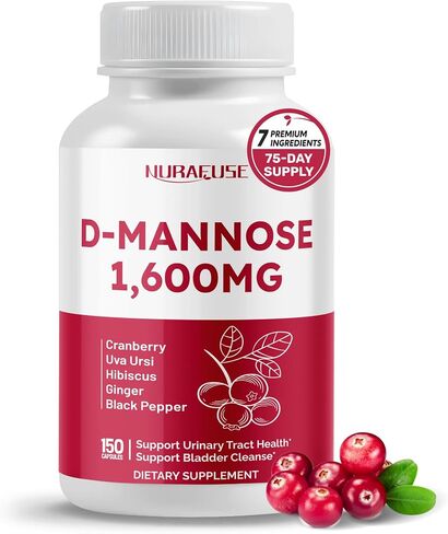 D-Mannose with Cranberry, Uva Ursi, Hibiscus, Ginger, Black Pepper - Supports Urinary Tract Health, Bladder Cleanse - Made and Tested in The USA in Saudi Arabia