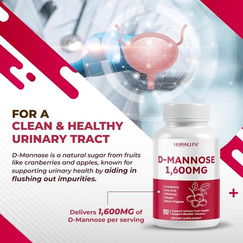 D-Mannose with Cranberry, Uva Ursi, Hibiscus, Ginger, Black Pepper - Supports Urinary Tract Health, Bladder Cleanse - Made and Tested in The USA in Saudi Arabia