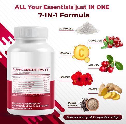 D-Mannose with Cranberry, Uva Ursi, Hibiscus, Ginger, Black Pepper - Supports Urinary Tract Health, Bladder Cleanse - Made and Tested in The USA in Saudi Arabia
