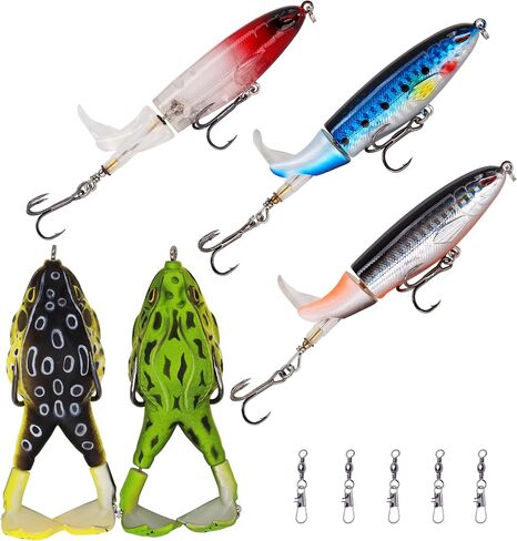Top Water Bass Fishing Lure Kit, Plopping Propeller Tail Bigger Splash Whopping, Soft Plastic Frog Bait 3D Eyes Lifelike Body Pattern, for Bass Snakehead Musky Pike Walleye, 5 pcs in Kuwait