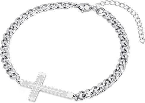 Silver Cross Bracelet for Men Teens, Stainless Steel Cuban/Figaro Cross Chain Link Bracelet 5mm 7+2 Inches, Christian Religious Jesus Confirmation Jewelry Gifts for Him in Kuwait