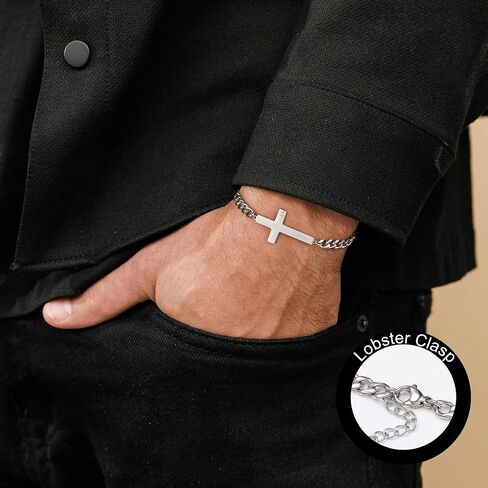 Silver Cross Bracelet for Men Teens, Stainless Steel Cuban/Figaro Cross Chain Link Bracelet 5mm 7+2 Inches, Christian Religious Jesus Confirmation Jewelry Gifts for Him in Kuwait