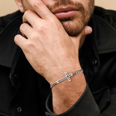 Silver Cross Bracelet for Men Teens, Stainless Steel Cuban/Figaro Cross Chain Link Bracelet 5mm 7+2 Inches, Christian Religious Jesus Confirmation Jewelry Gifts for Him in Kuwait