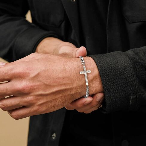 Silver Cross Bracelet for Men Teens, Stainless Steel Cuban/Figaro Cross Chain Link Bracelet 5mm 7+2 Inches, Christian Religious Jesus Confirmation Jewelry Gifts for Him in Kuwait