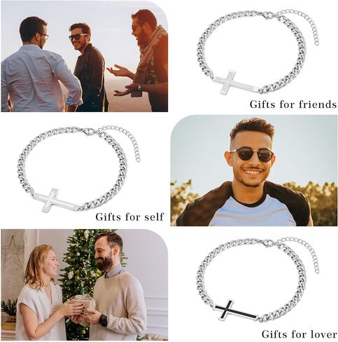 Silver Cross Bracelet for Men Teens, Stainless Steel Cuban/Figaro Cross Chain Link Bracelet 5mm 7+2 Inches, Christian Religious Jesus Confirmation Jewelry Gifts for Him in Kuwait