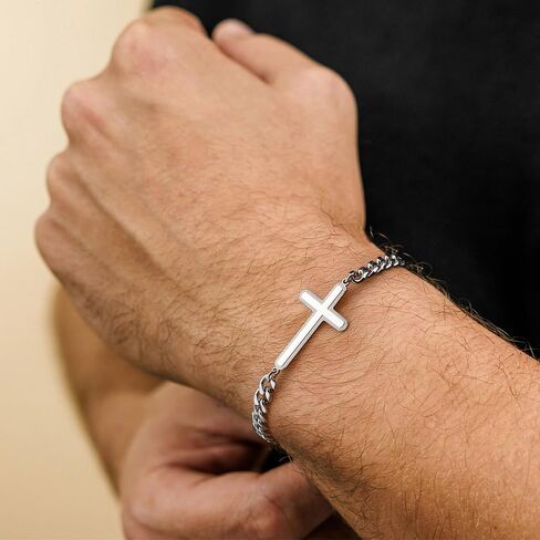 Silver Cross Bracelet for Men Teens, Stainless Steel Cuban/Figaro Cross Chain Link Bracelet 5mm 7+2 Inches, Christian Religious Jesus Confirmation Jewelry Gifts for Him in Kuwait