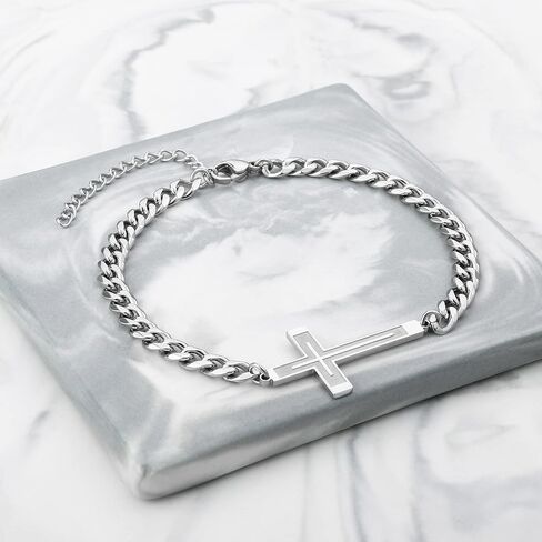 Silver Cross Bracelet for Men Teens, Stainless Steel Cuban/Figaro Cross Chain Link Bracelet 5mm 7+2 Inches, Christian Religious Jesus Confirmation Jewelry Gifts for Him in Kuwait