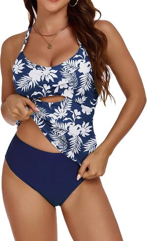 ZAFUL Women Vintage Tummy Control Bathing Suits Two Piece Tankini Swimsuits Ruched Cut Out Swimwear in Saudi Arabia
