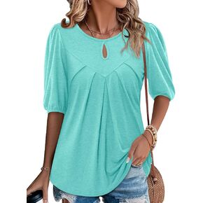 Magritta Womens Puff Half Sleeve Summer Tunic Tops Casual Chest Pleated Shirts Work Blouse for Women Dressy