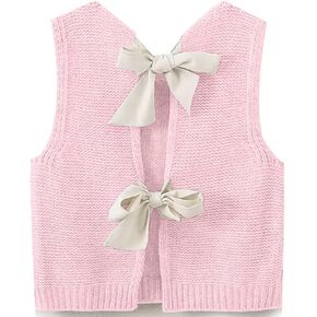 Women Y2k Bow Tie Sweater Vest Top Back Split Sleeveless Crochet Short Sweater Shirt Casual Knit Cardigan Tank Tops