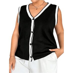 Verdusa Women's Plus Size Button Down Color Block Sweater Vest Knitted V Neck Cardigans Tops