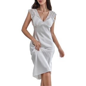 الدانتيل النسائي تقليم الساتان Nightdress ، والثوب الأبيض ، والرقابة ، والأنيقة ، وفساتين السهرة