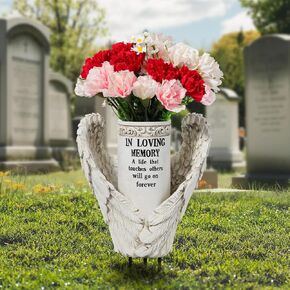 Solar Cemetery Vase for Grave, Grave Flowers Holder for Headstone Tomb Decoration, Praying Angel Garden Stake Sculpture with Solar Candle Light, Memorial Sympathy Gift, No Ground Spike, Grey