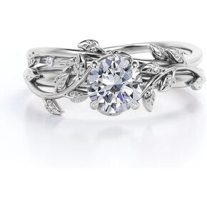 1 Carat Round Cut Moissanite Wedding Ring Sets for Women Platinum Plated Silver Vintage Leaf Engagement Ring Sets for Valentine's Day Anniversary