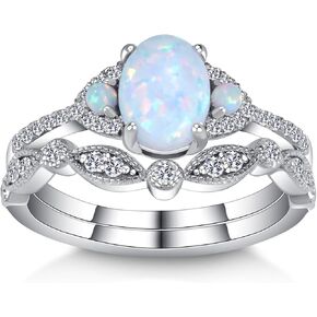 3 Stone Oval-Cut Natural Opal Engagement Rings Sets for Women,925 Sterling Silver Split Shank Moissanite Wedding Rings Sets,Bridal Ring Sets for Anniversary Birthday