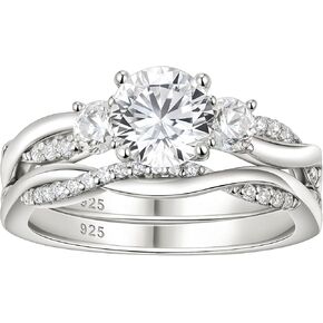Wuziwen Three Stone Engagement Rings for Women Bridal Sets Wedding Ring for Her Eternity Band CZ 925 Sterling Silver