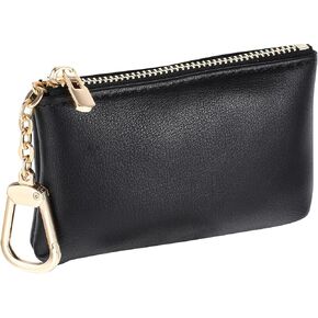 Full Grain Leather Coin Purse with Key Chain, Small Zipper Change Purse Keychain, Portable Coin Pouch Card Holder Wallet Clutch for Women & Men (Black)
