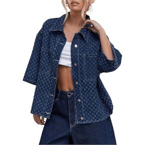 Women's Graphic Button Down Denim Jackets Half Sleeve Drop Shoulder Oversized Jean Coat