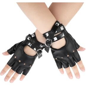 Leather Punk Gloves, Black Fingerless Faux Leather Gloves, PU Faux Leathers Outdoor Sport Half Finger Glove with Belt Up Closure and Rivet for Women, Teens, Kids