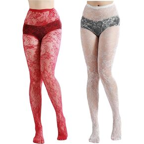 Lace Tights - Lace Stockings for Women, Leggings Floral Pantyhose (White, Red)