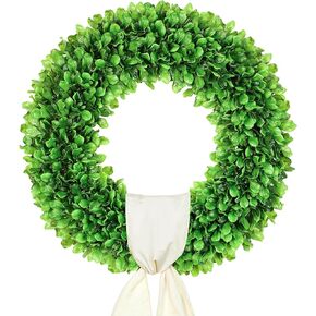 24 Inch Large Boxwood Wreath for Front Door,Spring Summer with Hello Sign & Sash，Farmhouse Wedding Green Wreath for Year Round Indoor & Outdoor Home St Patrick's Day Decoration-Yellow sash