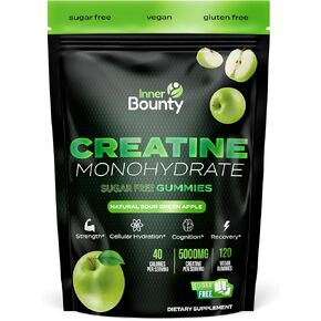 Sugar Free Creatine Monohydrate Gummies 5g, Natural Sour Green Apple - 120 Vegan Chews for Men and Women. Cognition and Muscle Support, Cellular Energy - Non-GMO & Gluten-Free
