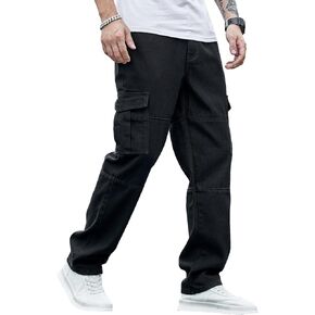 WDIRARA Men's Textured Cargo Jeans Straight Leg Denim Biker Pants with Multi Flap Pockets