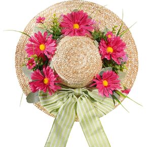 Dilicoming Spring Eucalyptus Wreaths for Front Door - 16 Inch Summer Fall Straw Hat Wreath with Bow, Women Gift, Indoor Outdoor Wreaths for Wall, Window, Farmhouse, Party, Holiday Home Décor