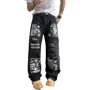 Men's Baggy Jeans Streetwear Sun and Moon Printed Ripped Denim Pants Wide Leg Distressed Y2k Hip Hop Trousers