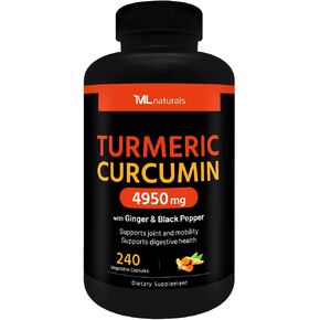 Extra Strength Organic Turmeric Curcumin 4950 mg 240 Vegetable Capsules, 95% Curcuminoids, with Black Pepper & Ginger. Enhanced Absorption, Joint Support, Digestion & Immune Support.