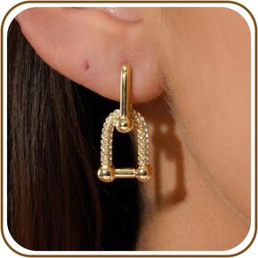 Gold Paperclip Earrings for Women 18K Gold Plated Chunky Hoop U Shape Link Huggie Dangle CZ Earrings Hypoallergenic Rectangle Oval Square Chain Drop Y2K Girlfriend Mother’s Day Birthday Jewelry Gift