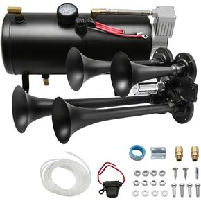 Train Horn Kit for Trucks & Cars - 4 Trumpet 180DB Super Loud Air Horn with 150 PSI 0.8 Gallon 12V Compressor, Universal Fit for All 12V Vehicles Jeep, SUV, Train Pickup Boat Trucks Semi