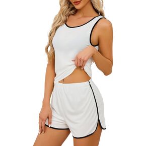 YYA Summer Pajamas for Women set Ribbed Pajama Short Set Color Block Tank&Shorts Loungewear Sleepwear, S-XXL