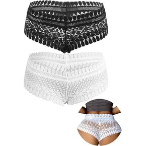 comeondear Lace Cheeky Underwear for Women, Womens Sexy High Waist Bikini Lace Panties, Seamless Breathable Women's Plus Size Briefs Black White 2pcs XS-S