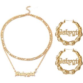 Hip Hop Gold Bamboo Hoop Earrings for Women Stainless Steel Babygirl Letter Pendant Necklace 80s/90s Costume Accessory Party Jewelry Set