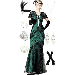 1920S Gatsby Floral Short Sleeve Sequin Mermaid Formal Evening Dress with 20s Headband Necklace Accessories Set in Kuwait