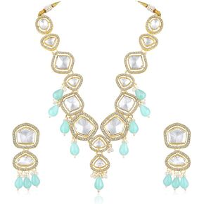 Aheli Synthetic Stone & CZ Studded Necklace Earrings & Maangtikka Set Ethnic Jewellery Gift for Women in Saudi Arabia