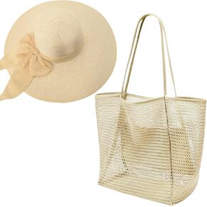 Beach Bags with Sun Hats, Straw Large Foldable Mesh Travel Bag Hat,Wide Brim Roll up Cap Tote Bag Set for Women