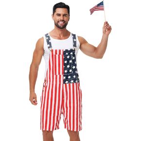 AOBUTE Men 4th of July Denim Bibs Overalls American Flag Printed Shorts Rompers Jumpsuit