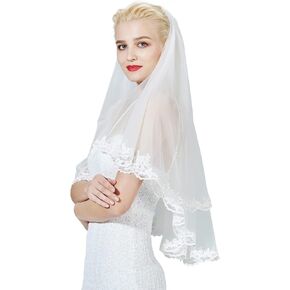 BEAUTELICATE Wedding Bridal Veil with Comb 2 Tiers Lace Applique Edge Veil (White - 2 Tiers)