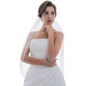 SAMKY 1T 1 Tier Crystals Seed Beaded Wedding Veil Elbow Length 30"