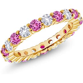 Gem Stone King 1.33 Cttw Round Pink Sapphire and White Created Sapphire 18K Yellow Gold Plated Silver Eternity Band Ring For Women | Round 3MM | Gemstone Birthstone | Available In Size 5, 6, 7, 8, 9