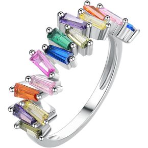 Eternity Rainbow Ring 18K White Gold Plated Emerald-Cut Multi Color AAA Created-Gemstone Rainbow Ring, Wedding Band for Women Gift For Her
