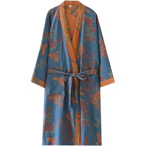 شاش مزدوج القطن التقليدي Hanfu Midi-Lengle Nightdress طباعة رداء الحمام الفضفاض