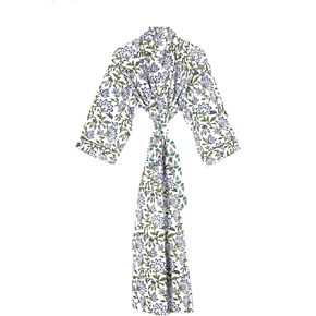 Cotton Hand Block Print Kimono Robes for Women, Long Length Floral Print Nightgown, Bikani cover- up cotton kimono (Cotton, White,Blue, Green)